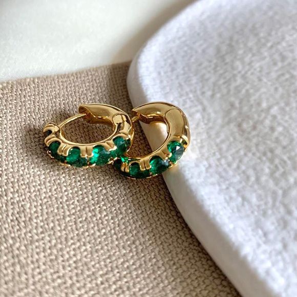 C Jewelry - 18K Gold Plated Emerald CZ Pave Huggie Hoops Earrings